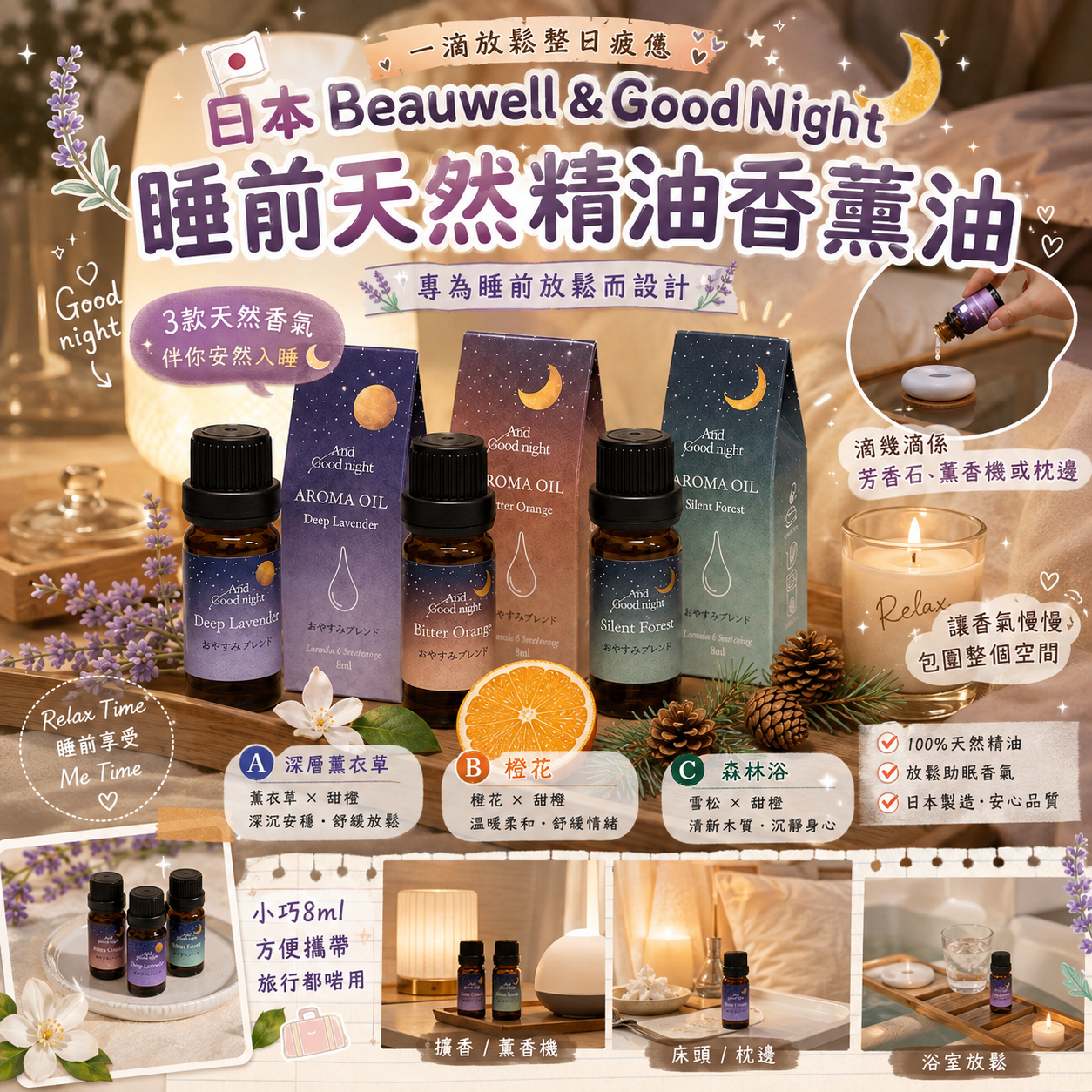 【預訂】AW081502 日本 Beauwell &GoodNight｜睡前天然精油香薰油｜8ml