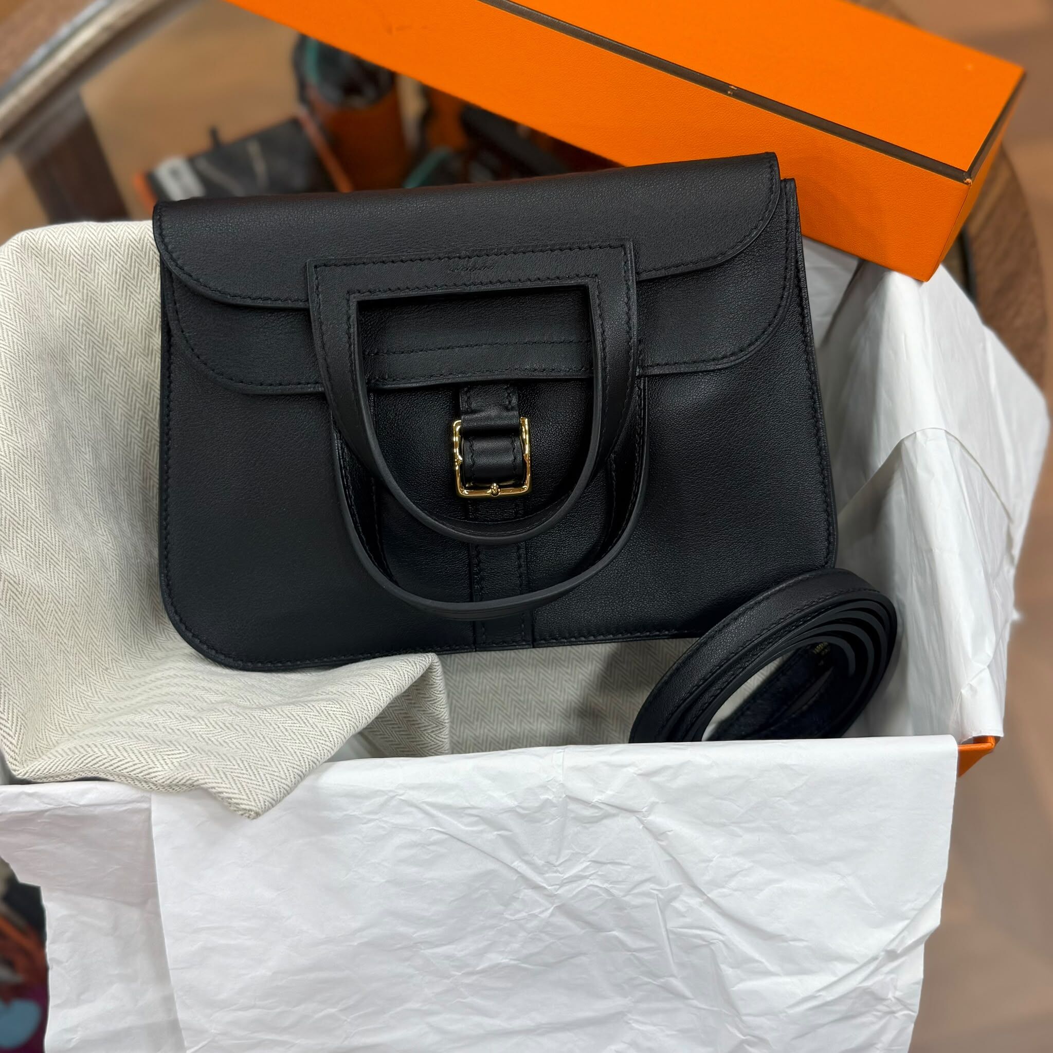 閑置品~HERMES MINI HALZAN  NOIR GHW SWIFT 黑金 STAMP C #愛馬仕