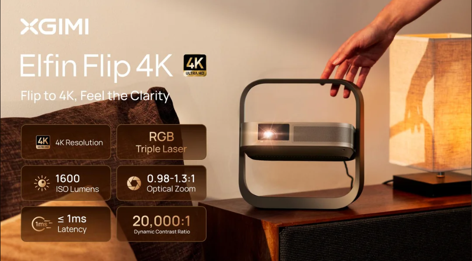 XGIMI Elfin Flip 4K Portable Projector 1600 ISO 流明（摩卡棕色）| RGB 三激光，原生 4K 超高清，支援 Google TV，0.98-1.3:1 光學變焦，哈曼卡頓音響，家庭劇院和戶外露營
