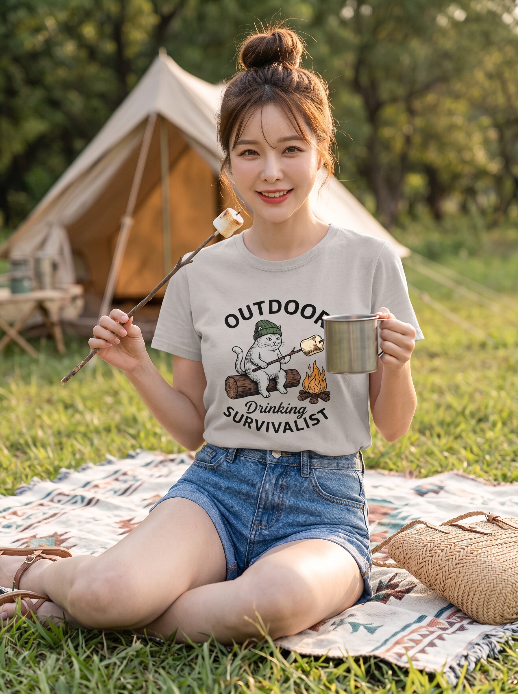 露營烤棉花糖貓咪棉T★OUTDOOR SURVIVALIST 美式戶外・