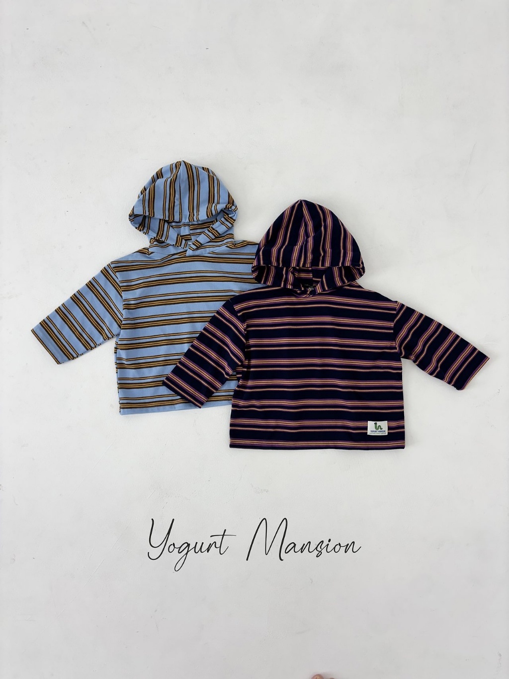 正韓秋Yogurtmansion 兩色寬鬆連帽條紋上衣