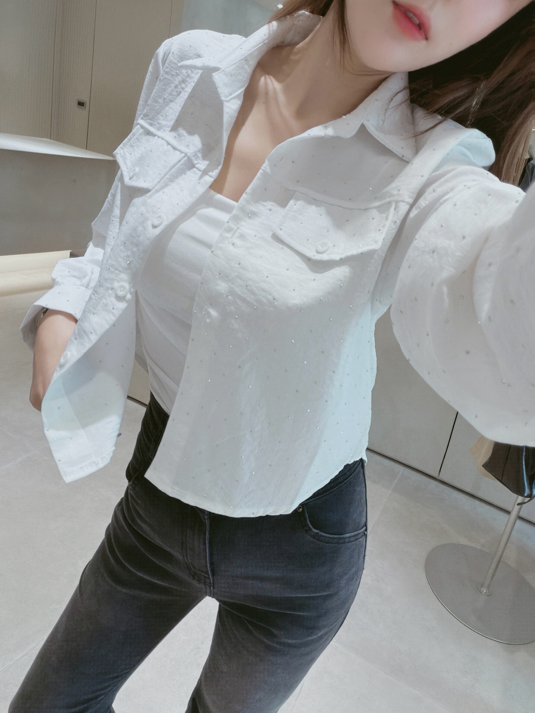 假口袋前短後長鑽鑽襯衫