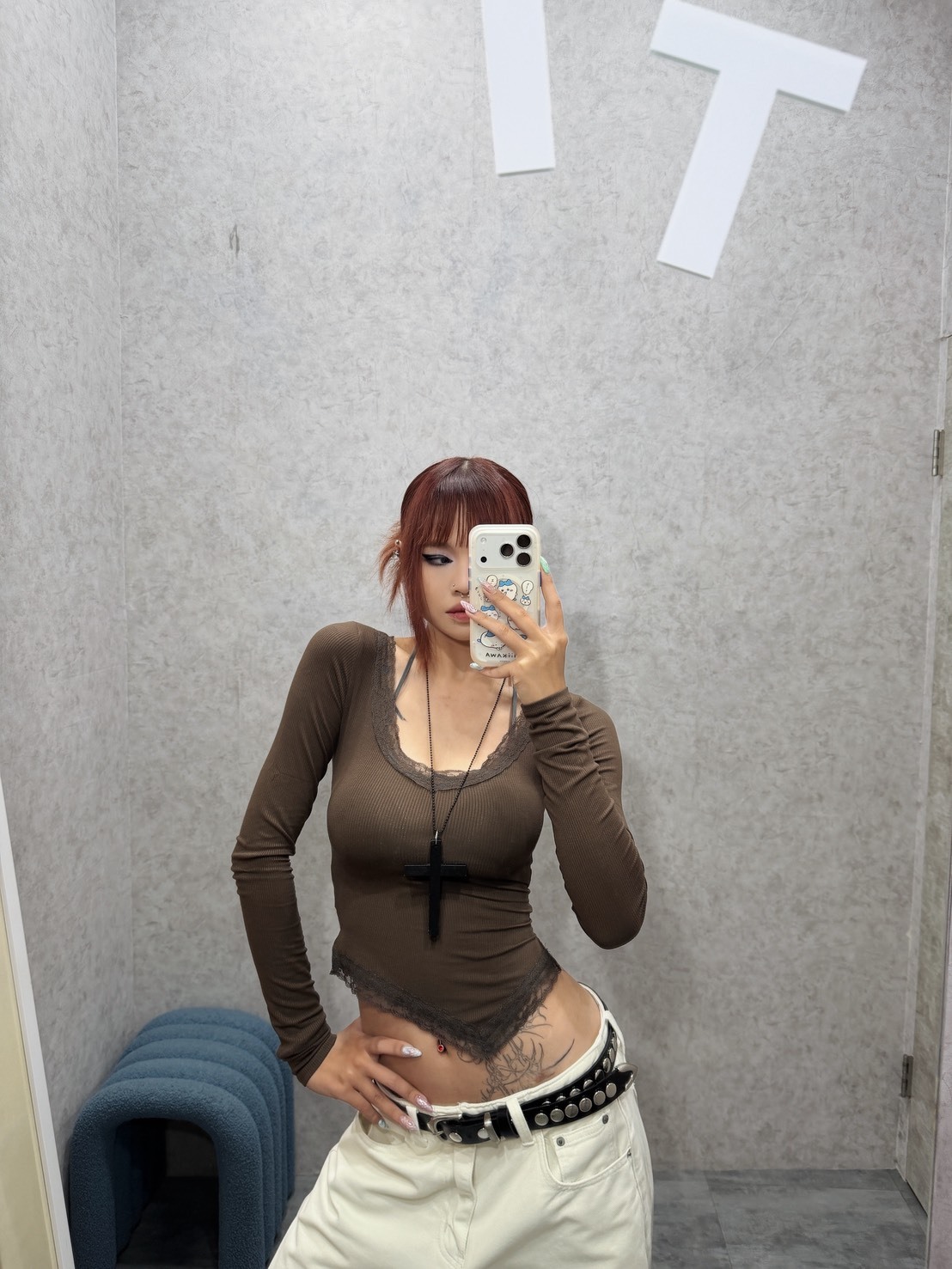 KOREAN LACE-TRIM U-NECK ASYMMETRIC POINTED HEM RIBBED TOP