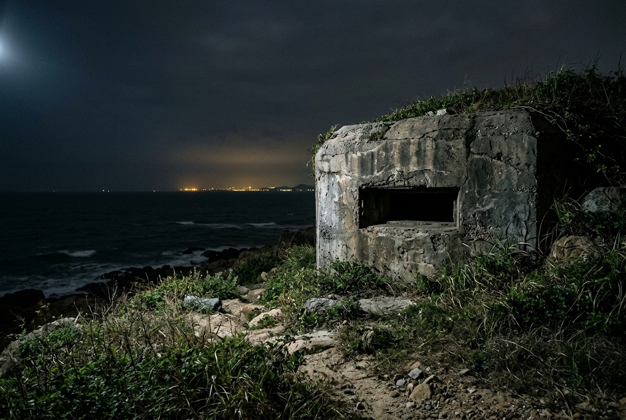 金門海岸邊一座廢棄軍事據點的夜景,混凝土碉堡與射口在月光下的剪影,遠方是黑色的海