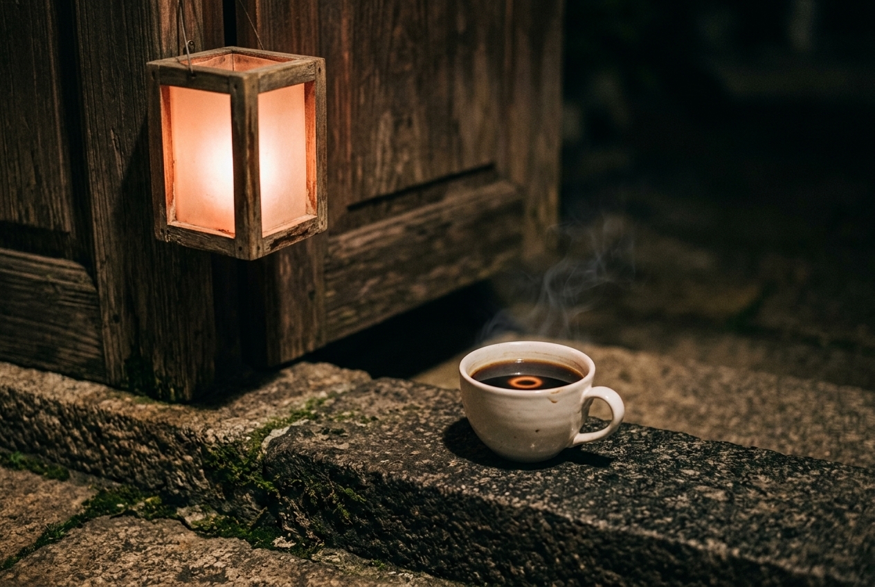 夜裡金門古厝門邊,普渡燈的暖光落在石階上,旁邊一杯黑咖啡冒著細細的熱氣