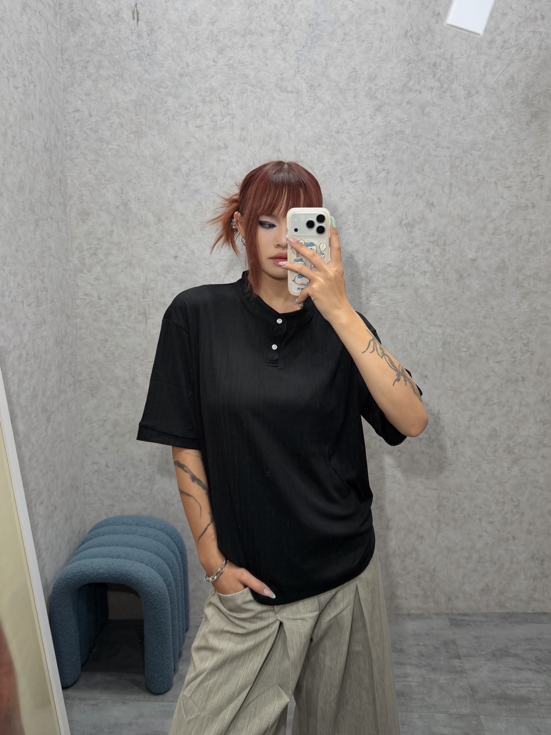老錢風微立領坑條亨利領短袖