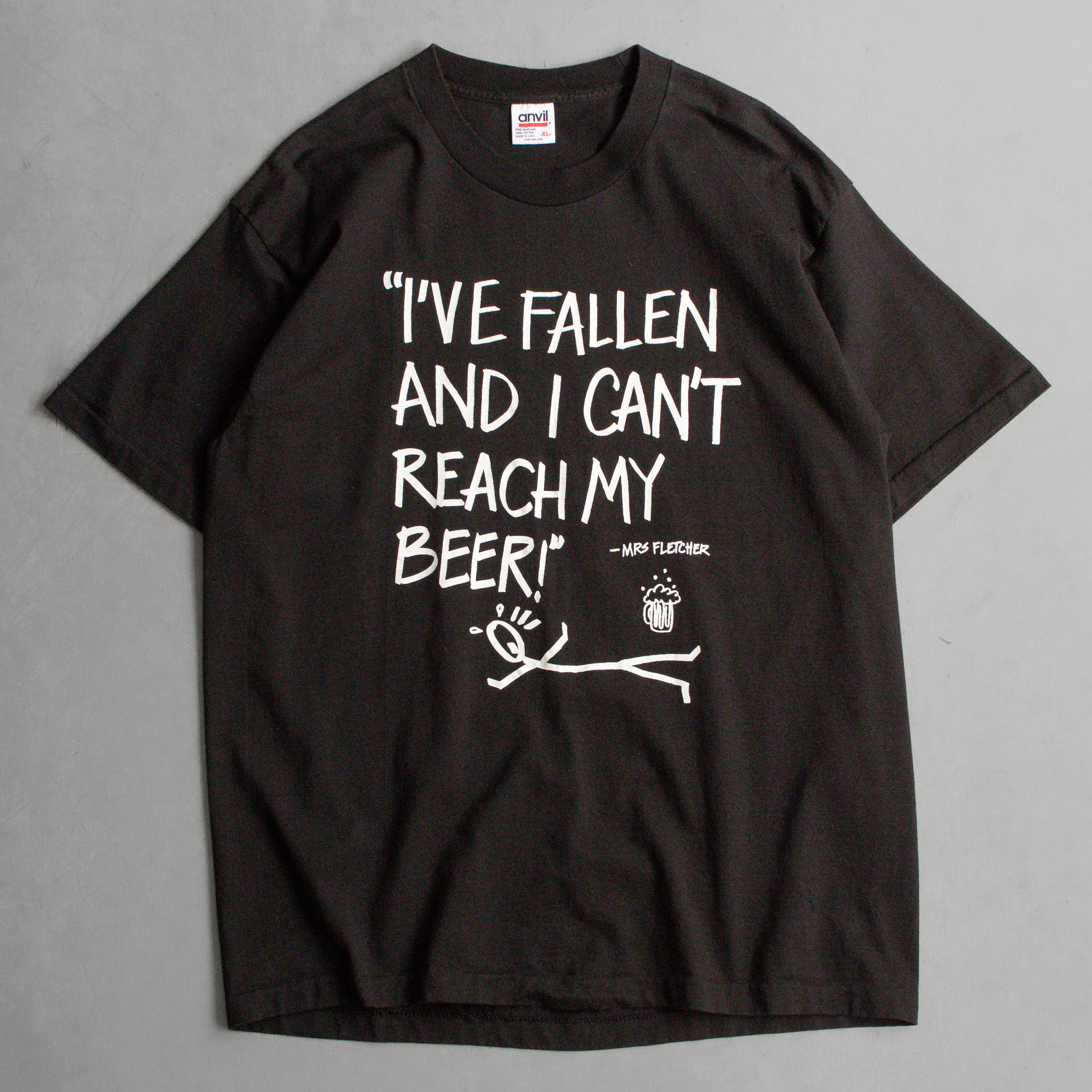 90S ANVIL MRS FLETCHER TEE 美國製 黑色 插畫 標語 短袖 T恤