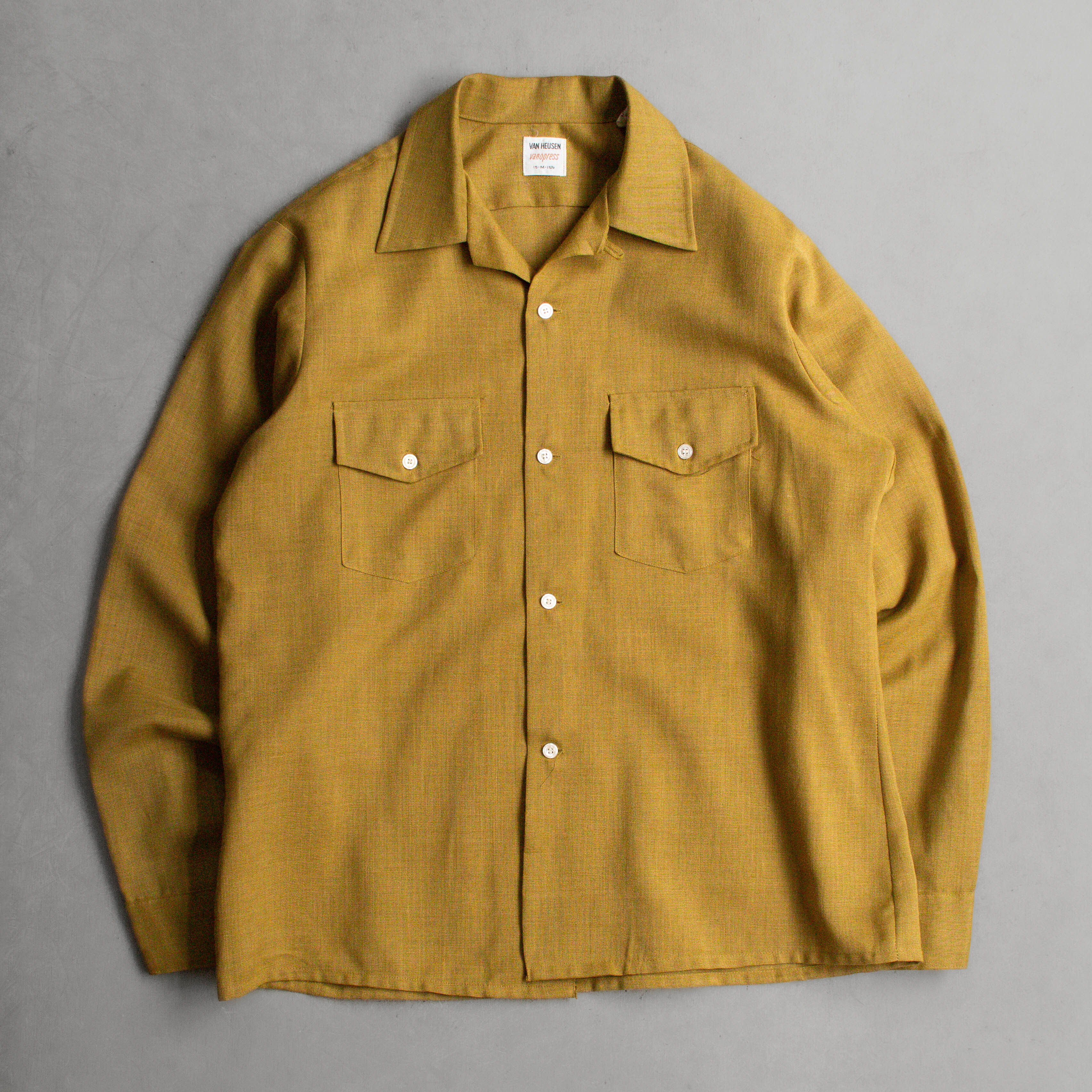 60S VAN HEUSSEN RAYON OPEN SHIRT 美國製 土黃 開領 嫘縈 長袖 襯衫