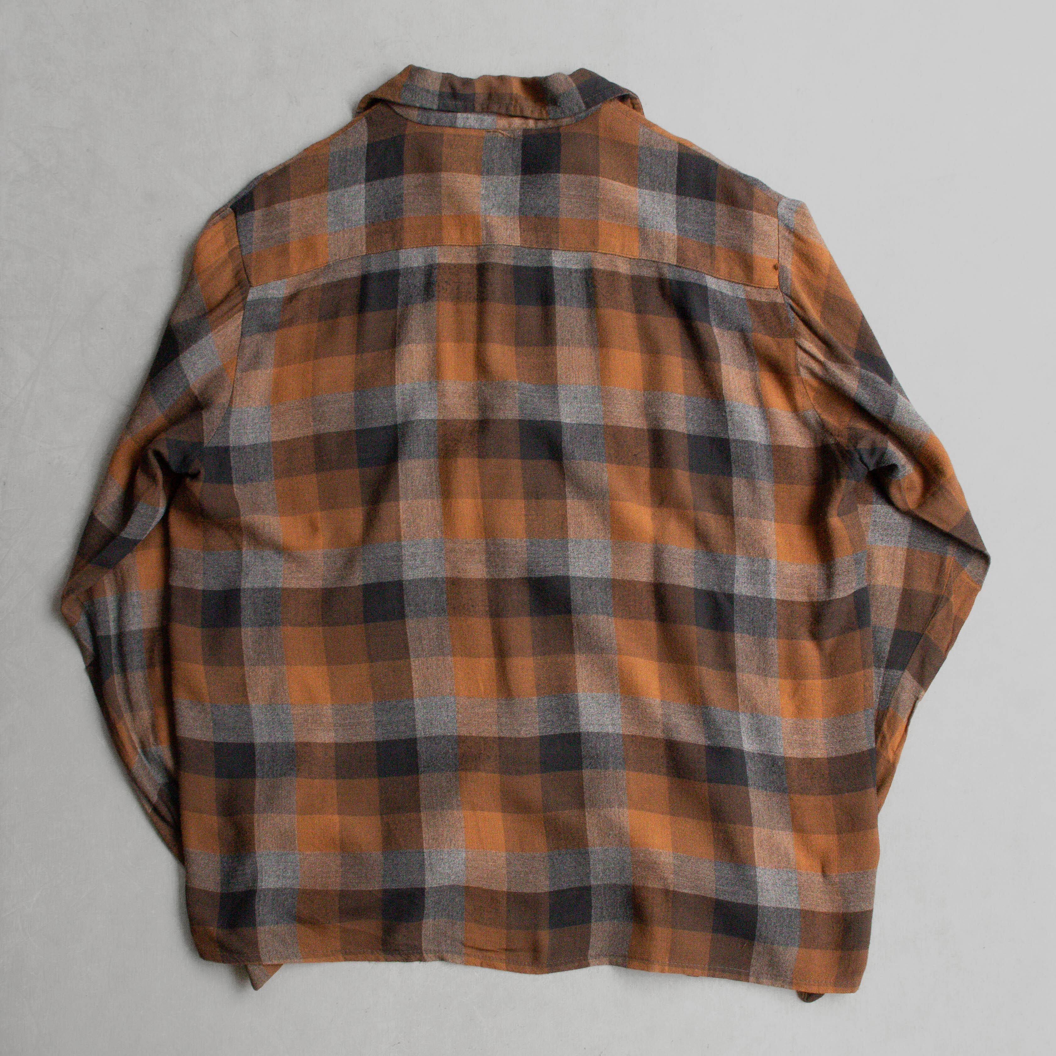 60S RAYON PLIAD OPEN SHIRT 美國製 卡其 格紋 開領 嫘縈 長袖 襯衫