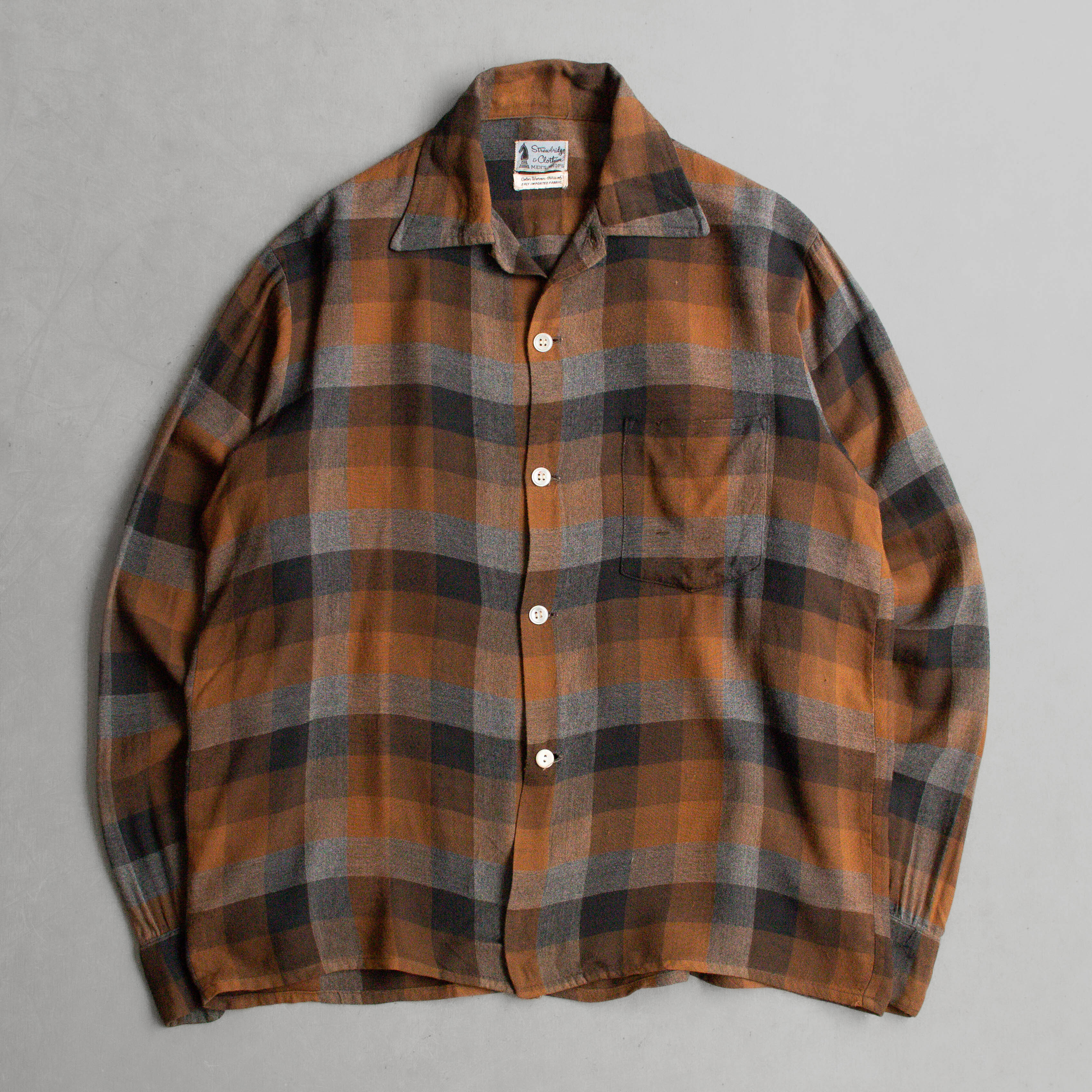 60S RAYON PLIAD OPEN SHIRT 美國製 卡其 格紋 開領 嫘縈 長袖 襯衫