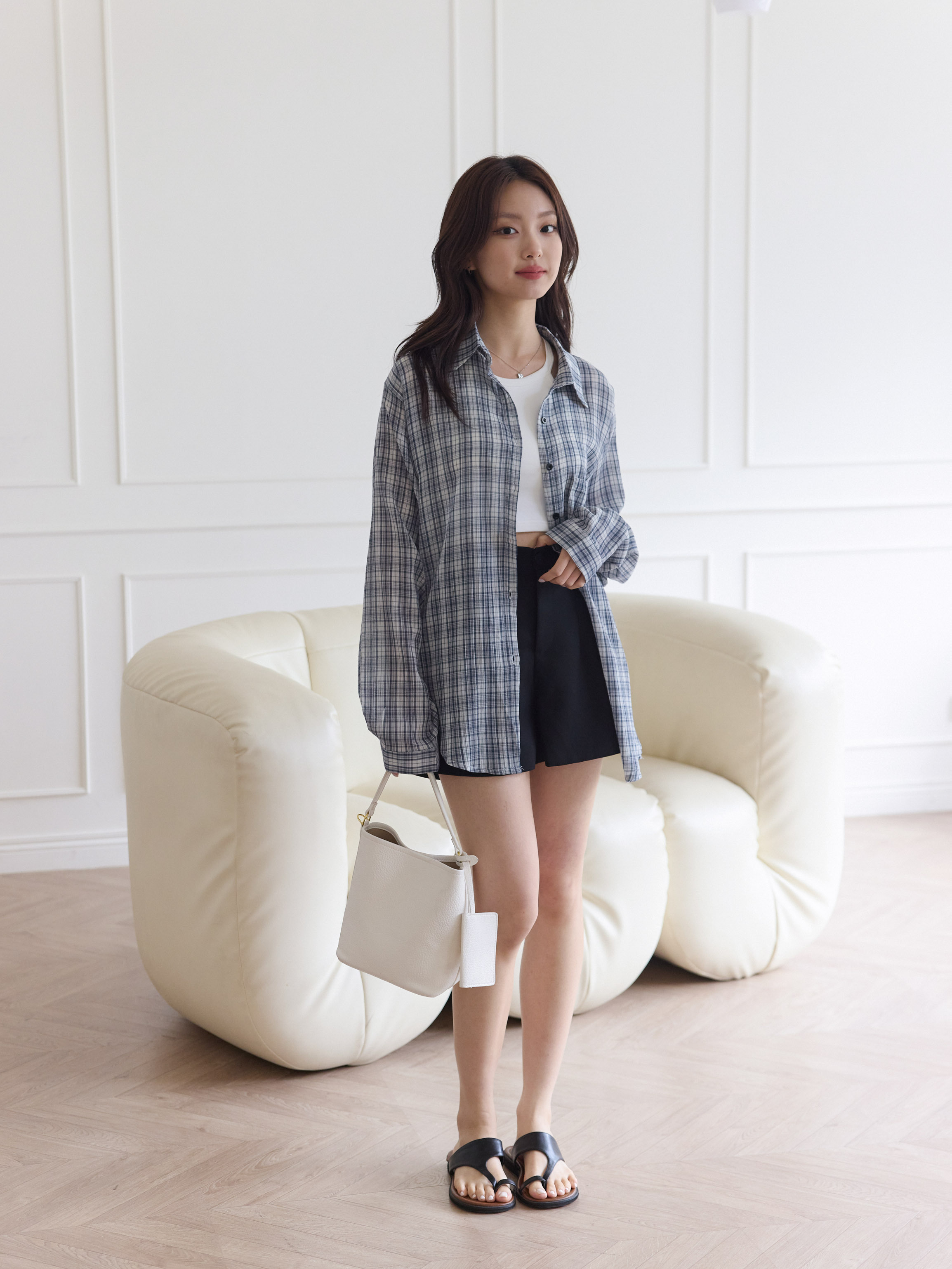 Fine Plaid Color-Block Long Shirt