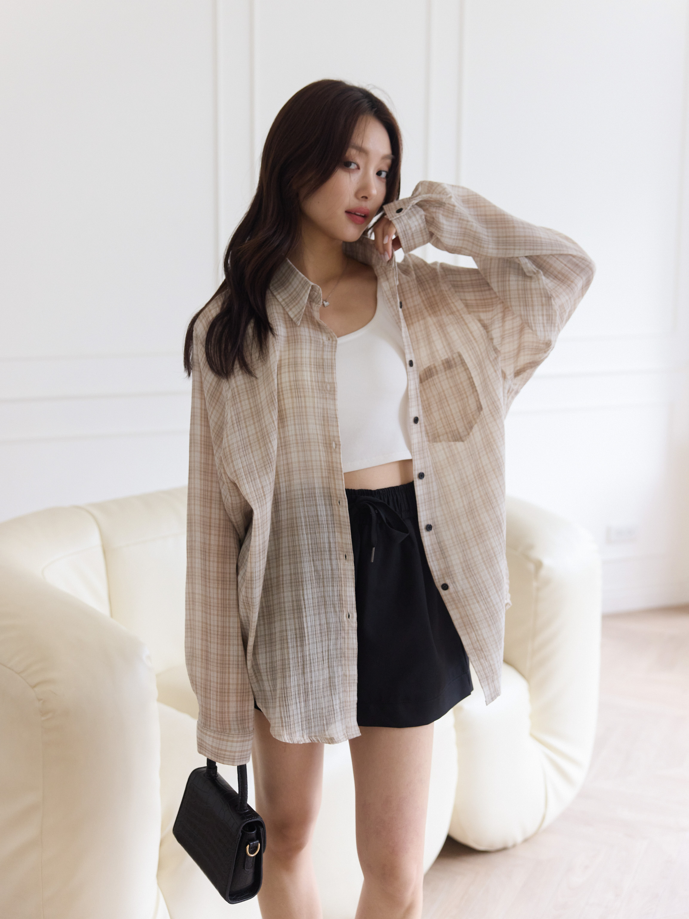 Fine Plaid Color-Block Long Shirt