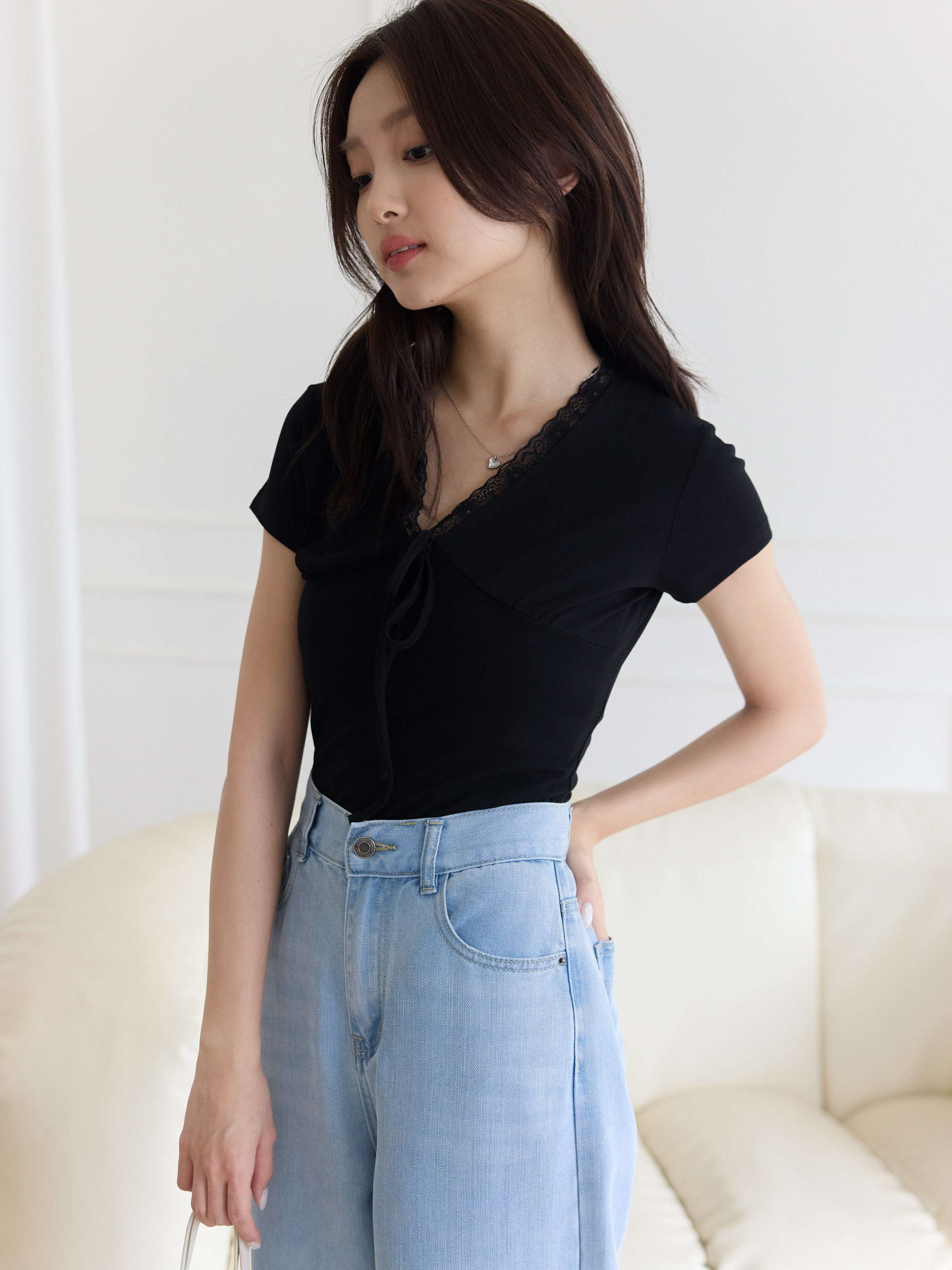 Subtle V-Neck Slimming Lace Top