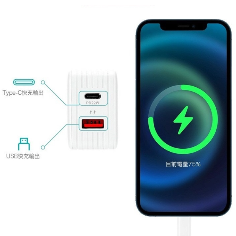白色 HANG 快充頭孔位標示：Type-C 快充輸出與 USB 快充輸出，右側 iPhone 顯示充電中