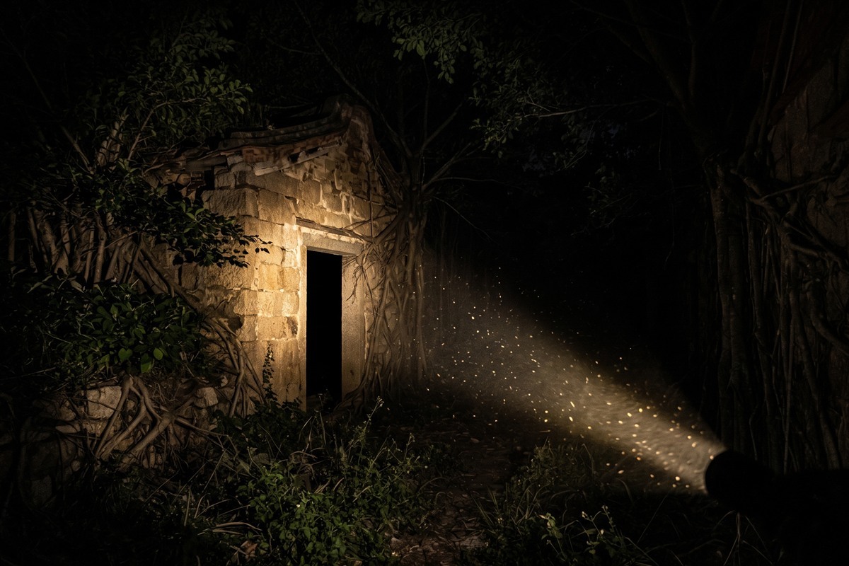 廢村裡被樹冠遮住的窄巷,一道手電筒光柱斜射在塌了半邊的石頭厝上,門洞裡完全黑