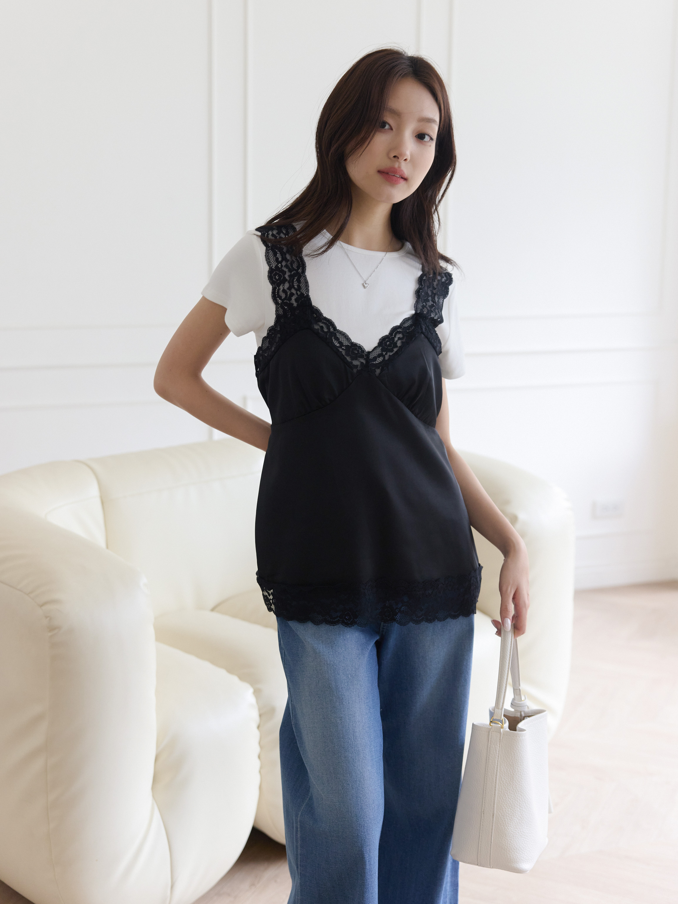 Subtle Sheen Delicate Lace Trim Tank Top