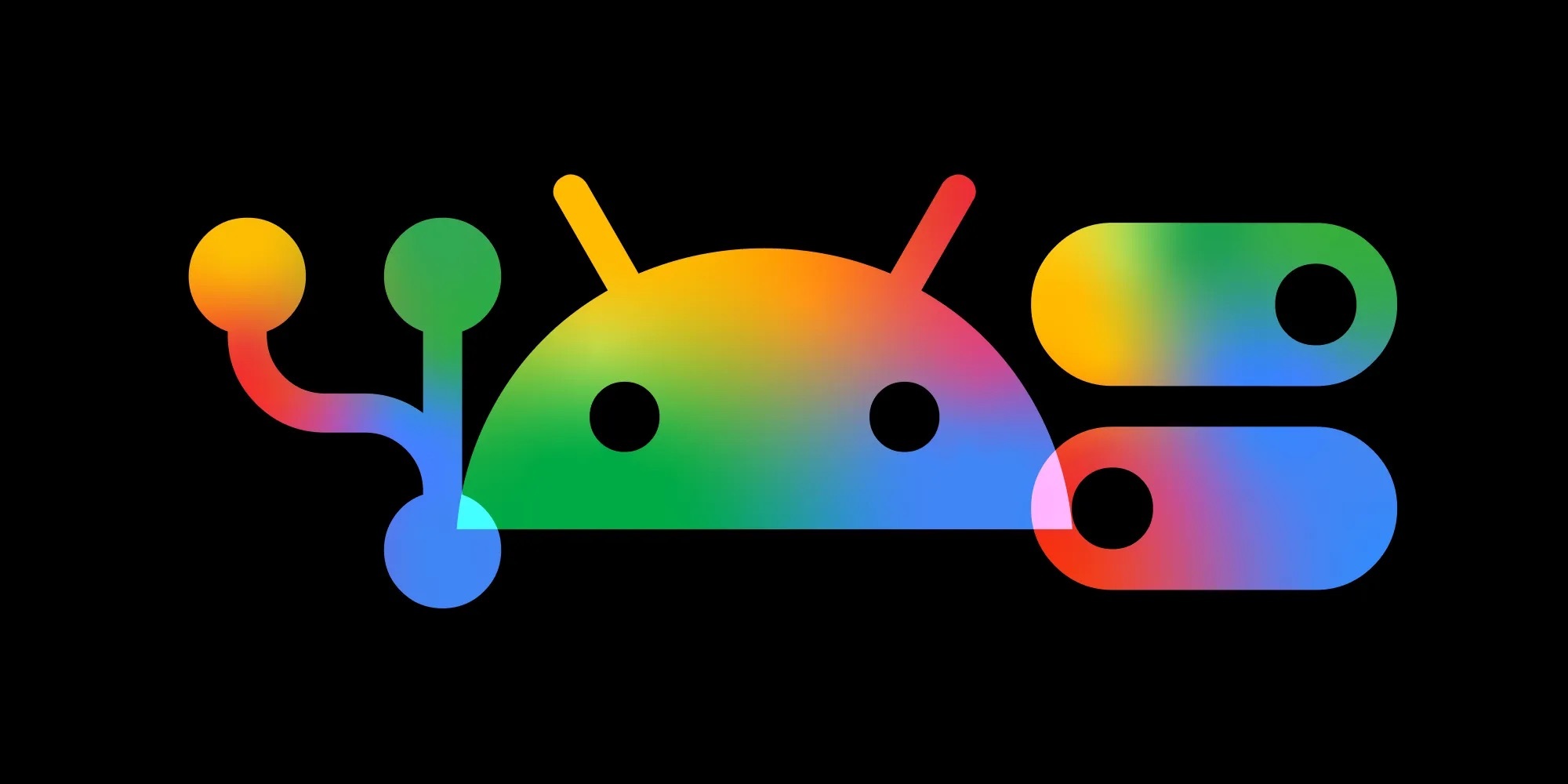Google for Developers 官方 Android 主題插畫,黑底上以彩虹漸層呈現組合圖形:左側為 Git 分支節點造型圖示,中央為 Android 機器人頭部剪影,右側為兩個橫向切換開關造型圖示。