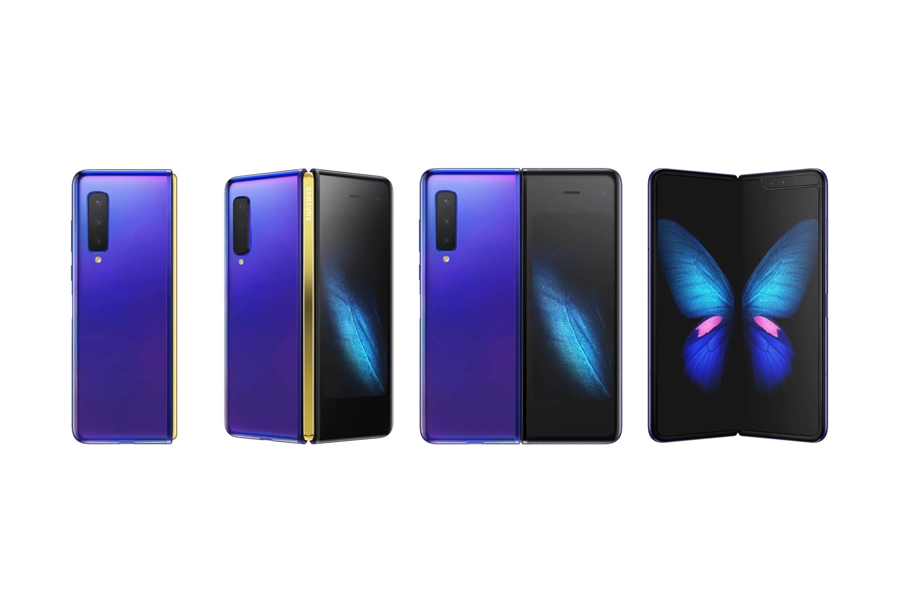 三星 Galaxy Fold 摺疊手機官方形象圖,紫金配色機身,由左至右呈現闔蓋側面、闔蓋含外顯螢幕、開啟過程、完全展開四種角度,展開後主螢幕顯示藍色蝴蝶動態桌布,背景為純白色去背棚拍。