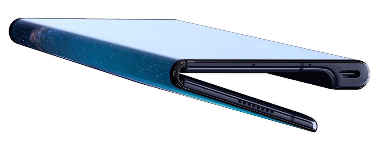 Huawei Mate X 摺疊手機官方形象圖,以極低視角特寫展示鉸鏈半展開狀態,機身邊緣呈現星空銀河漸層動態桌布,可見鉸鏈轉軸結構、麥克風孔與底部 USB-C 連接埠,背景為純白色去背棚拍。