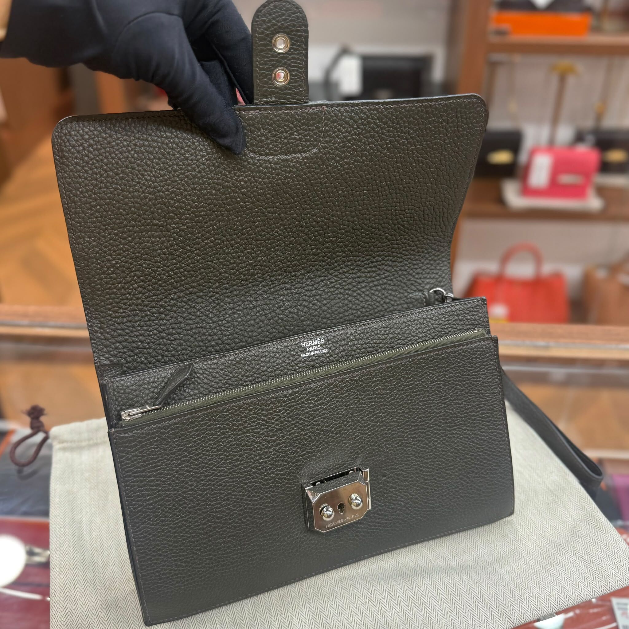 90%NEW USED HERMES JET POCHETTE 深綠色銀扣 TOGO皮 口 I #愛馬仕手拿包