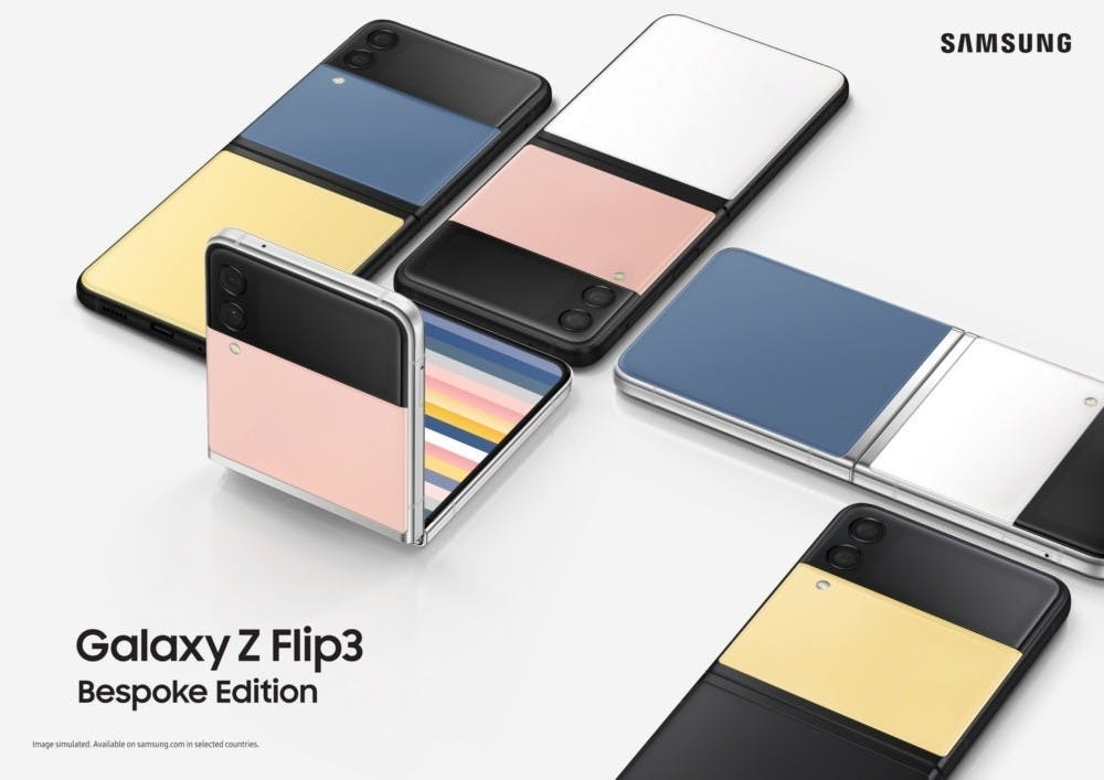 Samsung Galaxy Z Flip3 Bespoke Edition 摺疊手機,多款黑、白、藍、粉紅與黃色客製配色組合展示。