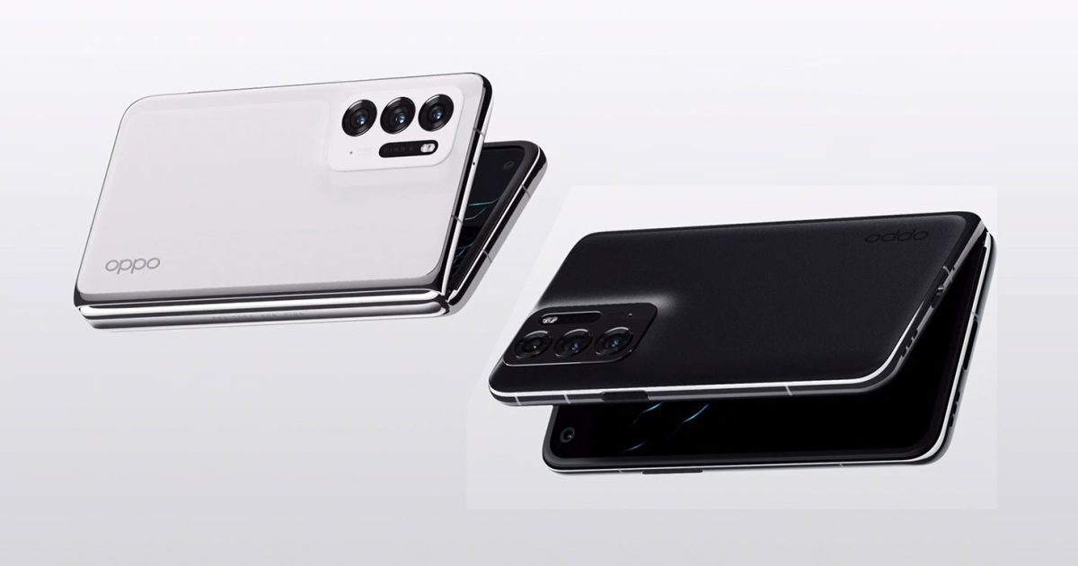OPPO Find N 摺疊手機黑色與白色版本外觀展示,採用書本式內摺設計、三鏡頭相機模組與較矮寬的機身比例。Find N 主打更接近一般手機的握持體驗,並透過水滴式鉸鏈改善摺疊後縫隙與螢幕折痕。