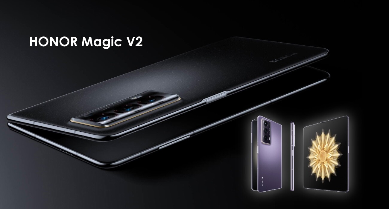 HONOR Magic V2 摺疊手機外觀展示,採用書本式內摺設計、超薄機身與三鏡頭相機模組,並呈現黑色與紫色版本。Magic V2 主打輕薄化摺疊旗艦設計,摺疊後厚度僅約 9.9mm,重量最低約 231g,讓大摺疊手機更接近一般旗艦手機的攜帶體驗。
