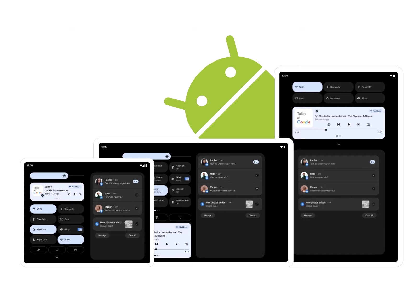 Android 12L 大螢幕裝置介面示意圖,展示針對平板與摺疊手機最佳化的雙欄通知中心、快速設定與多工版面。Android 12L 強化大尺寸螢幕的系統介面與應用程式顯示方式,讓摺疊手機展開後能更有效利用寬廣螢幕空間。