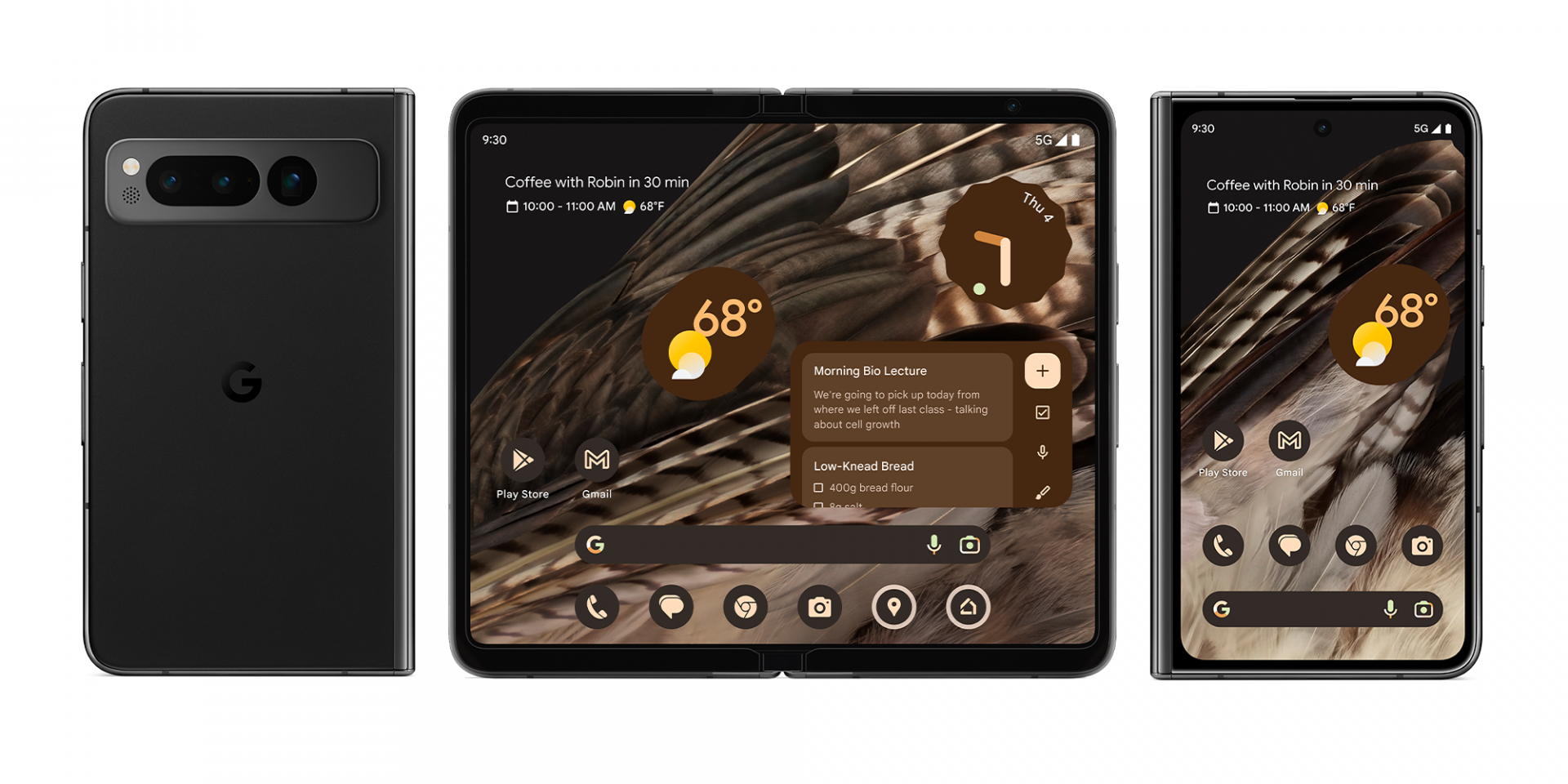 Google Pixel Fold 摺疊手機外觀展示,呈現闔上背面、完全展開與摺疊外螢幕三種使用狀態。Pixel Fold 採書本式內摺設計,搭載寬比例外螢幕與大型內頁螢幕,強調 Pixel 原生 Android 體驗、摺疊介面最佳化與多工操作。