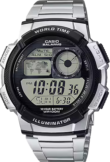 萬年鐘錶 - CASIO  卡西歐 多時區世界地圖不鏽鋼錶帶電子錶 AE-1000WD-1A 錶徑 : 45mm