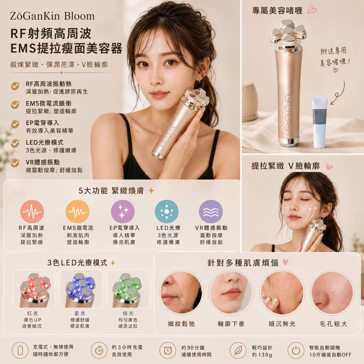 【現貨】Zogankin LL043018 Bloom RF射頻高周波EMS提拉瘦面美容器