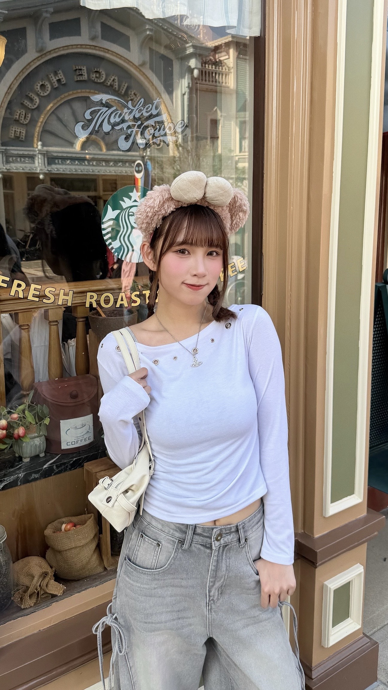 T1624｜個性感 ༄*ੈ✩ 大小圈扣領斜膊貼身長袖上衣