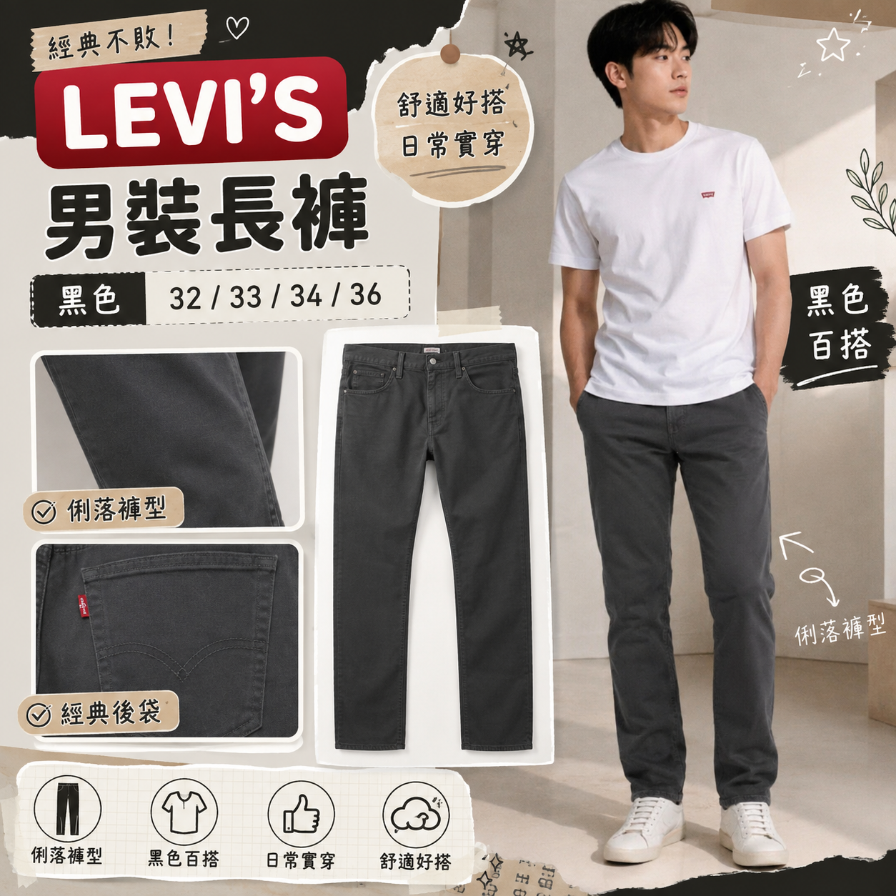 【預購】LEVIS H0815115 511男裝修身牛仔長褲 (黑色)