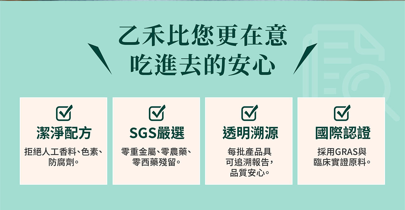 乙禾生醫堅持食品安全,賦活極光具備潔淨無添加配方、SGS 嚴選檢驗、透明溯源及國際 GRAS 臨床實證原料。