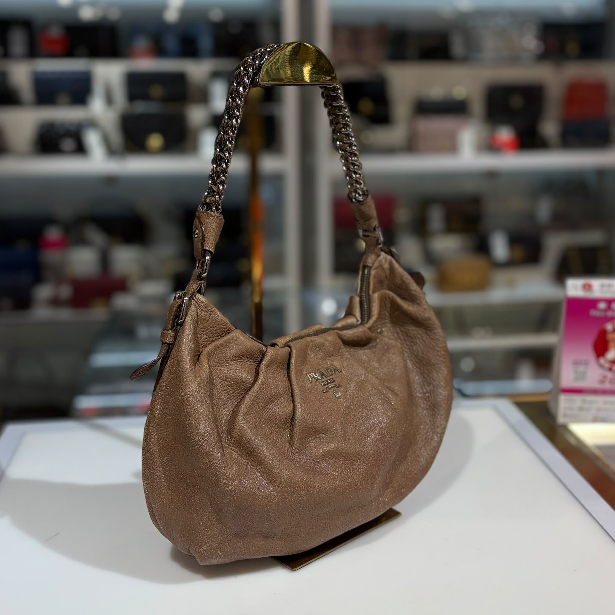 85%NEW二手PRADA單肩包, 啡色鹿皮, Glace Calf Leather Hobo餃子包, #香榭站正品
