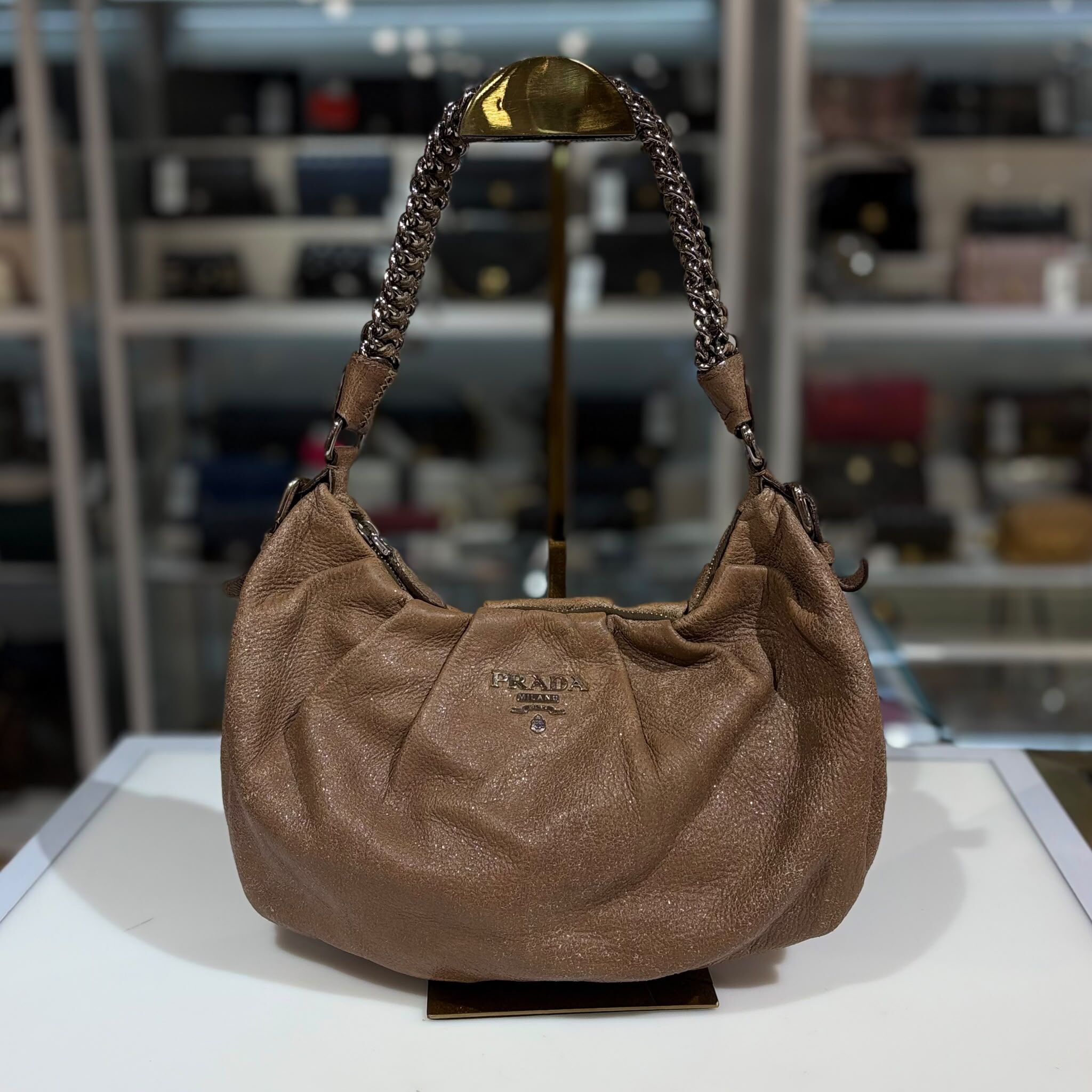 85%NEW二手PRADA單肩包, 啡色鹿皮, Glace Calf Leather Hobo餃子包, #香榭站正品