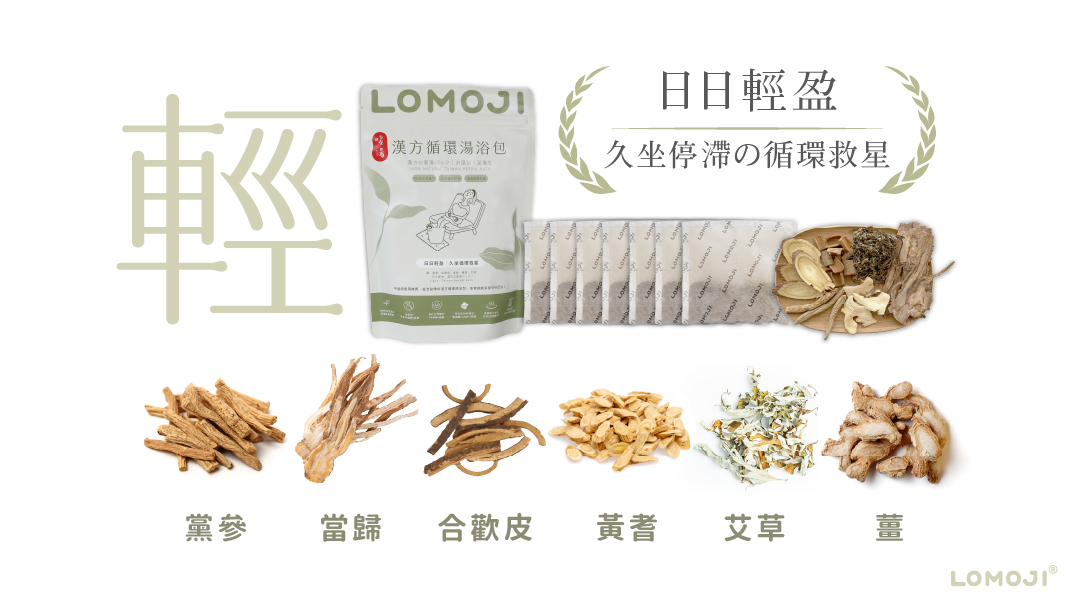 日日輕盈漢方循環湯浴包開箱:展示7入湯浴包與外包裝,並特寫黨參、當歸、合歡皮、黃耆、艾草與薑六大天然草本輕盈循環原料