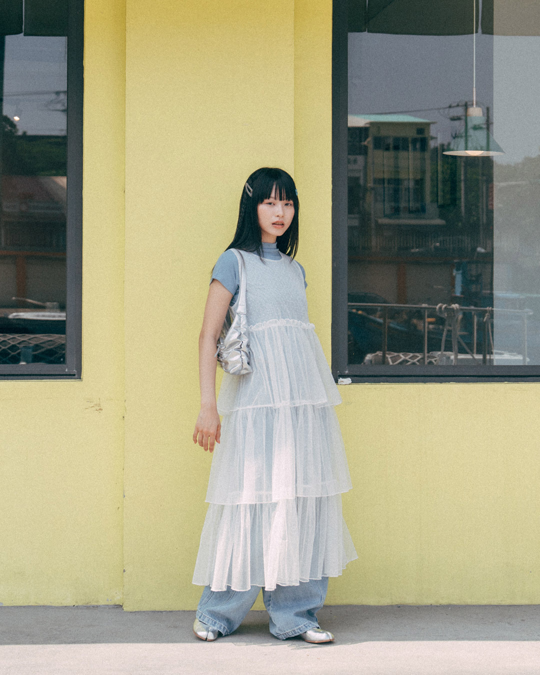 Flocked polka dot multi-layered cake mesh long cover-up vest-white【01099978】in stock+pre-order