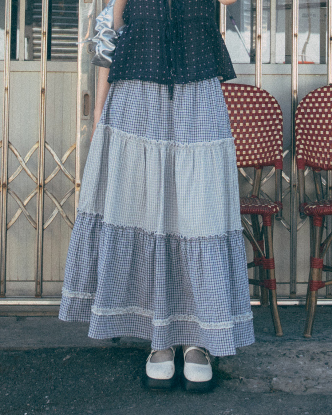 Plaid color-blocked ruffled cake maxi dress, available in two colors.【03021792】in stock+pre-order