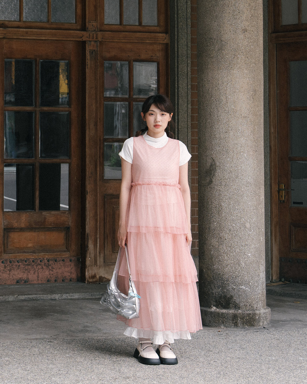 Flocked polka dot multi-layered cake mesh long cover-up vest - pink【01099979】in stock+pre-order