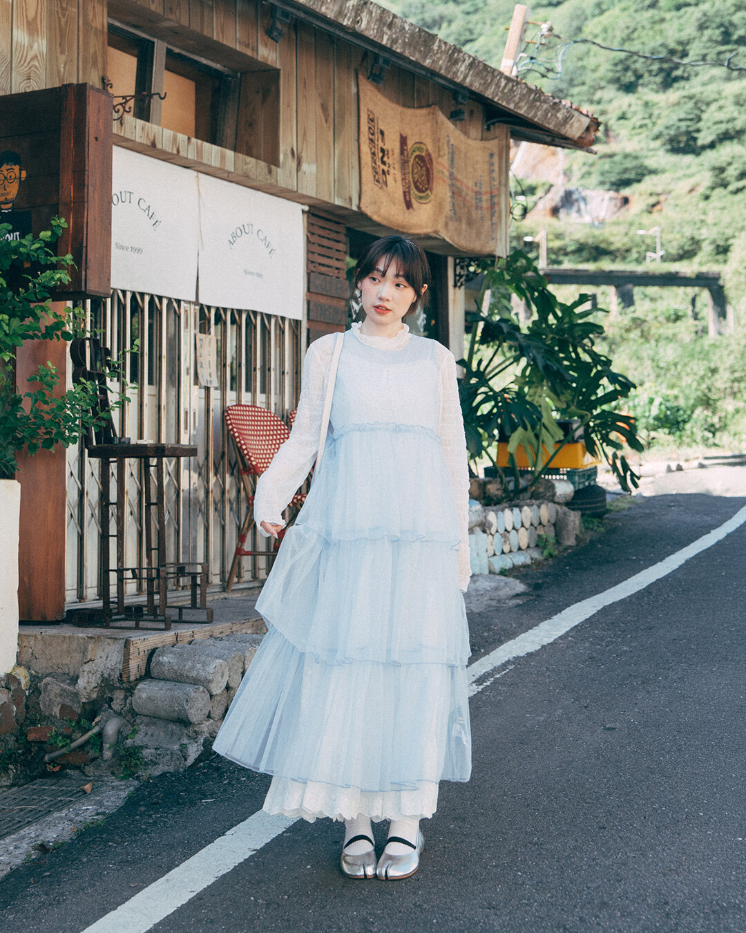 Flocked polka dot multi-layered cake mesh long cover-up vest - blue【01099976】in stock+pre-order