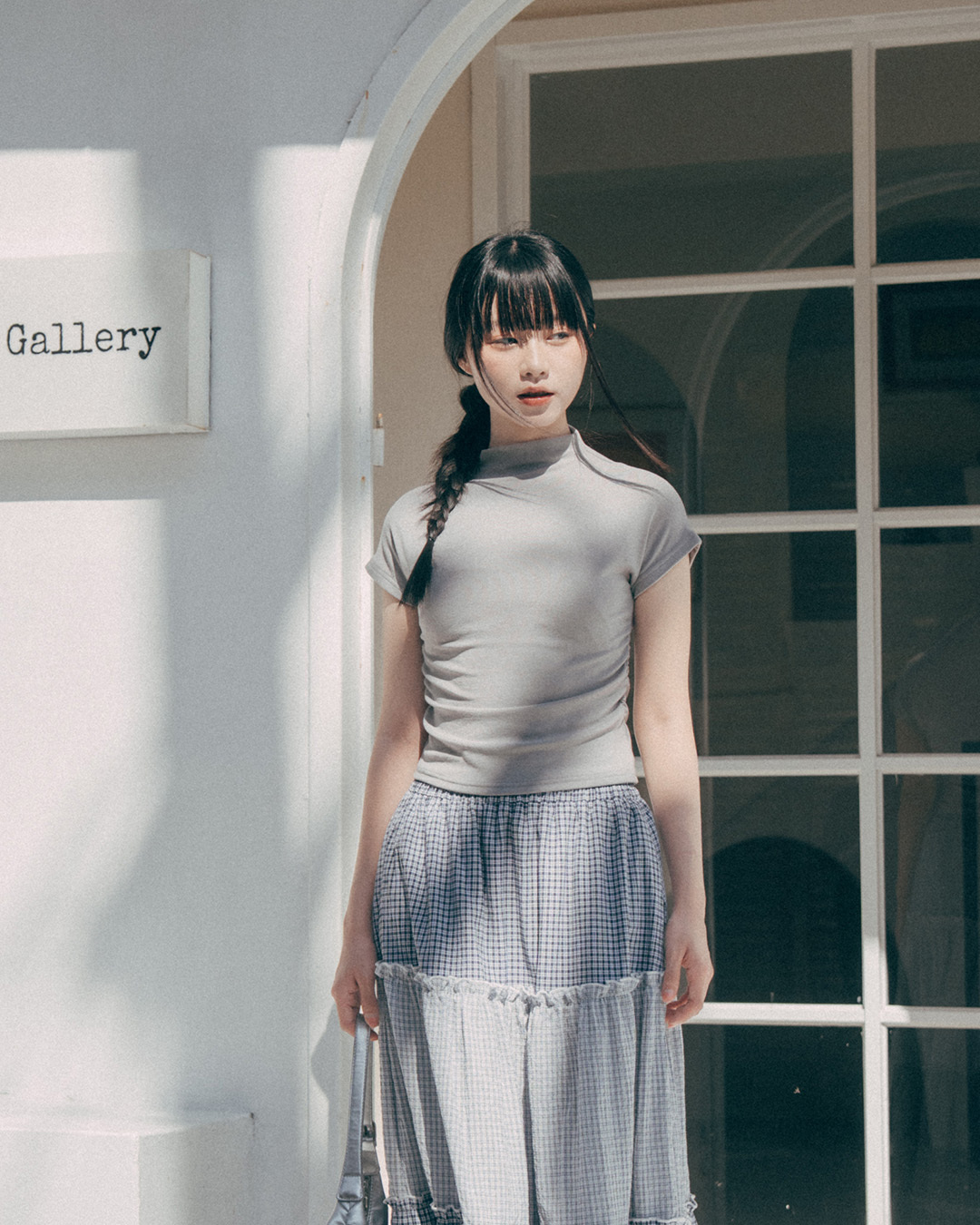 Micro-brushed, side-relief stretch turtleneck top - gray【01099932】in stock+pre-order