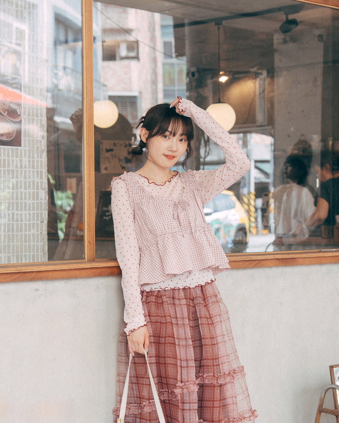 Color-blocked ruffled polka dot sheer mesh top - Pink S/M【01099908】in stock+pre-order