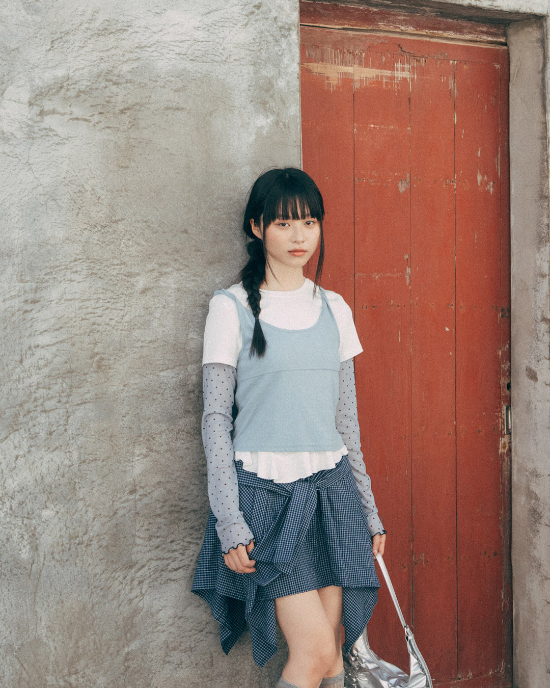 Color-blocked ruffled polka dot sheer mesh top - Blue Size S/M【01099907】in stock+pre-order