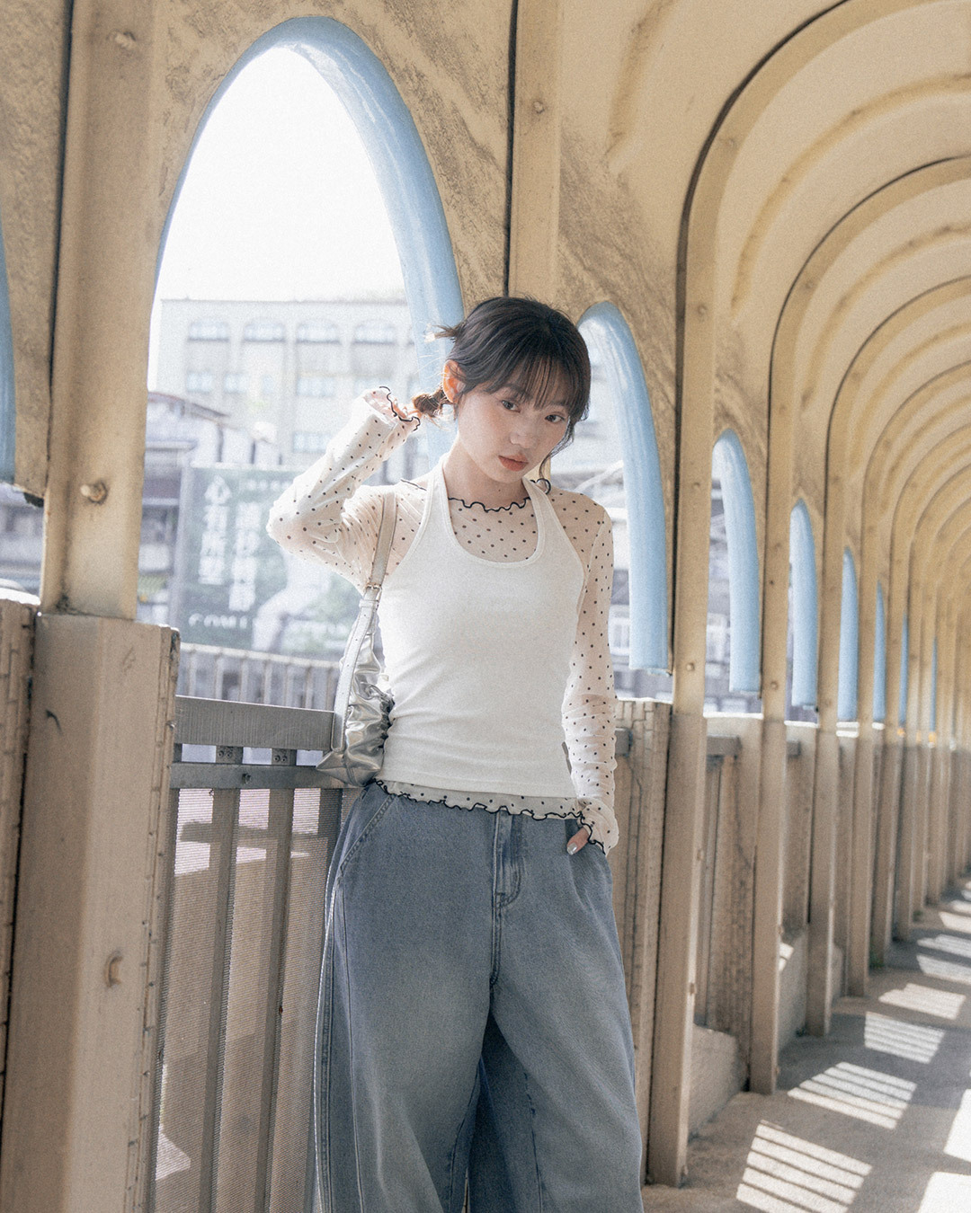 Color-blocked ruffled polka dot sheer mesh top - Off-White Size S/M【01099906】in stock+pre-order
