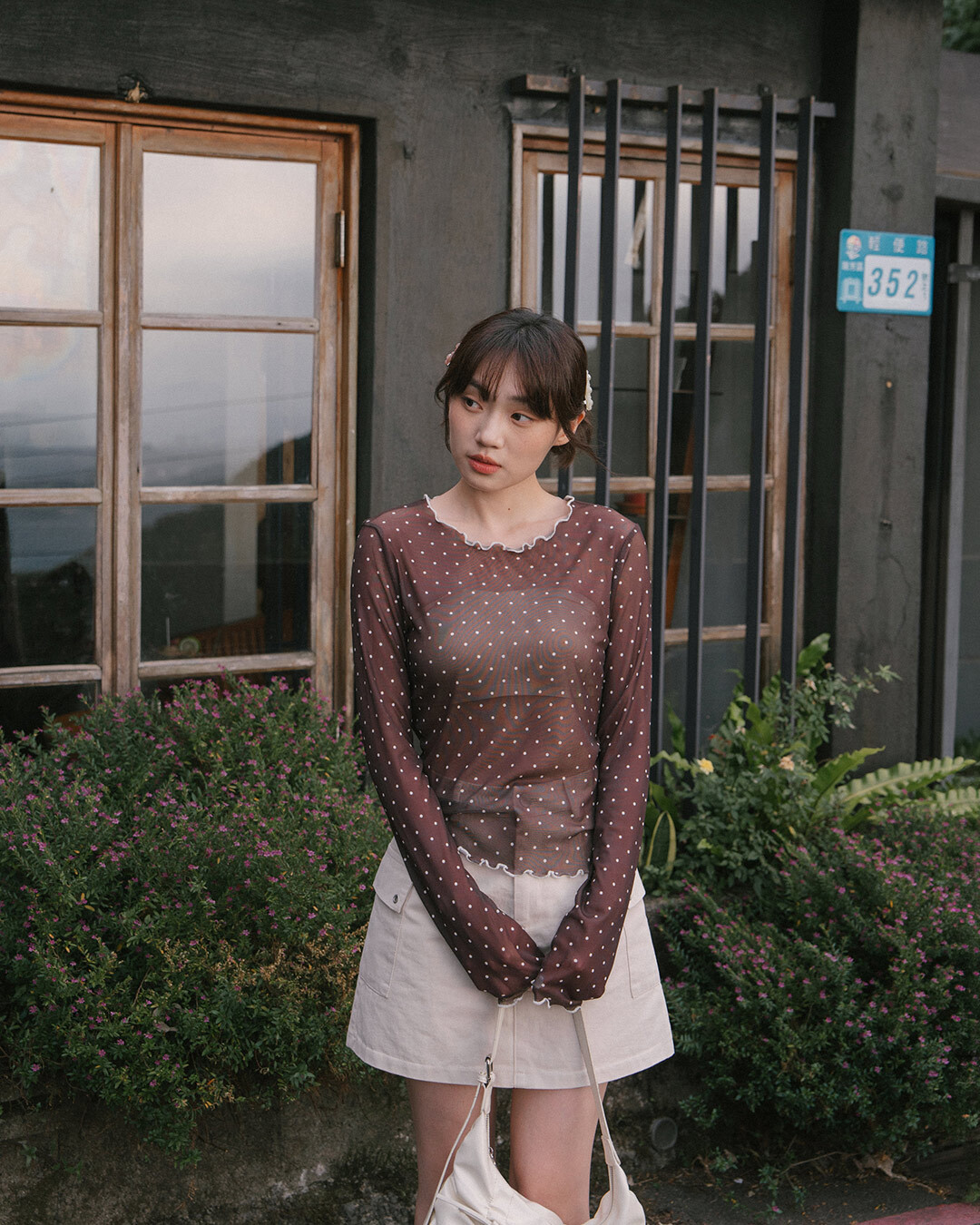 Color-blocked ruffled polka dot sheer mesh top - Coffee Size S/M【01099904】in stock+pre-order