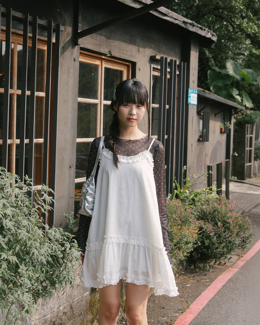 Color-blocked ruffled polka dot sheer mesh top - Black Size S/M【01099905】in stock+pre-order