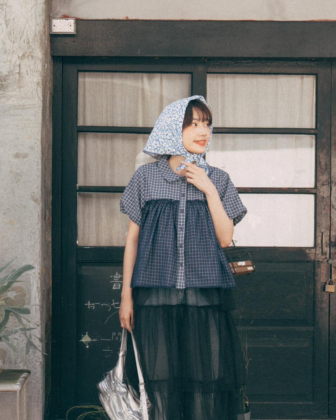 Plaid ruffled mesh puff sleeve Peter Pan collar top, available in two colors.【01025865】in stock+pre-order