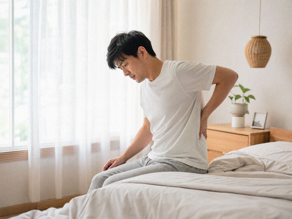 30歲男晨起按腰_極簡臥室