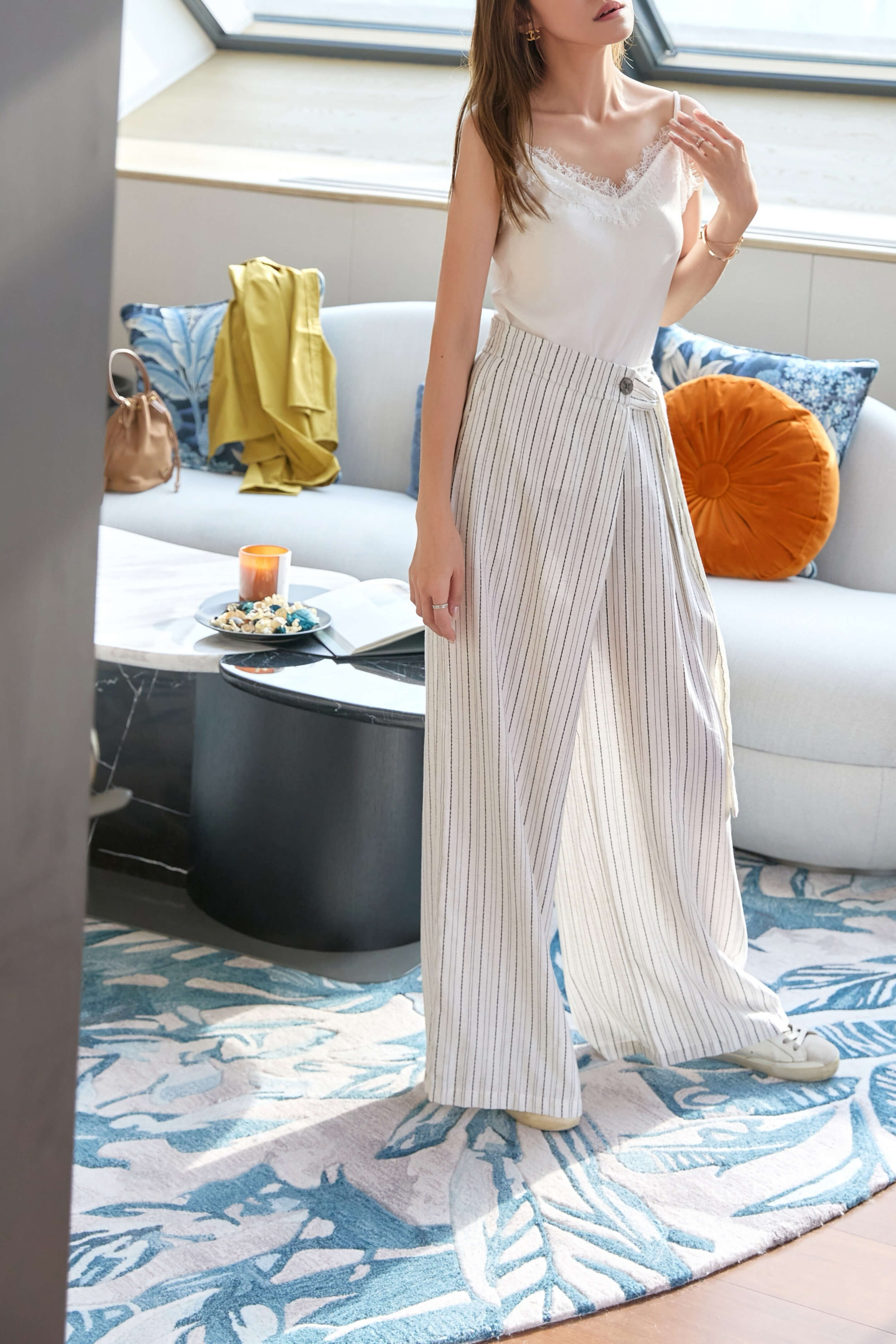 Contrast Striped Side Belt Wide Leg Linen Pants_PT268L17